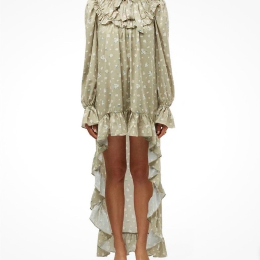 Floral Ruffle puff shoulder high low dress in Olive Green